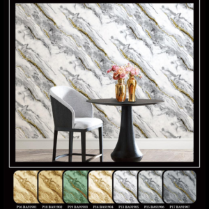 Luxury marble-effect wallpaper with white, grey, and gold vein pattern