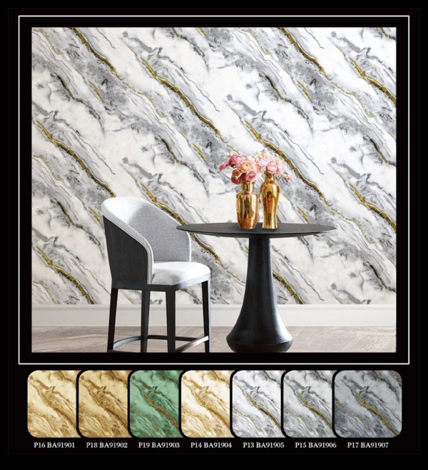 Luxury marble-effect wallpaper with white, grey, and gold vein pattern