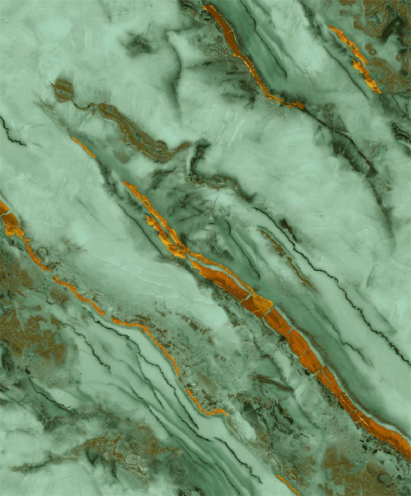 "Green marble-effect wallpaper with gold and brown veining