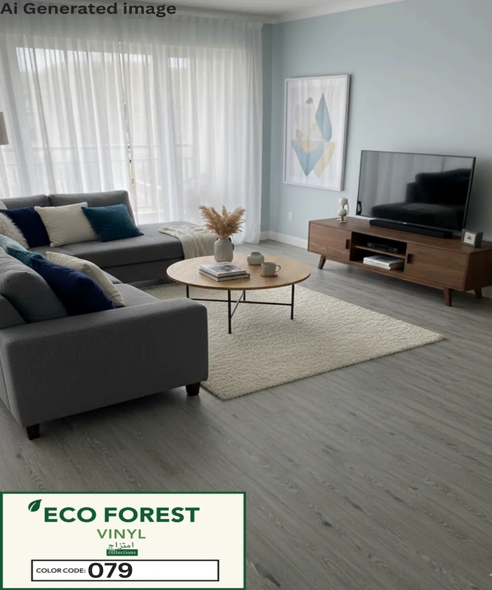 Eco Forest Collection smoked grey oak wood grain luxury vinyl flooring plank color code 079 by Araish Interior