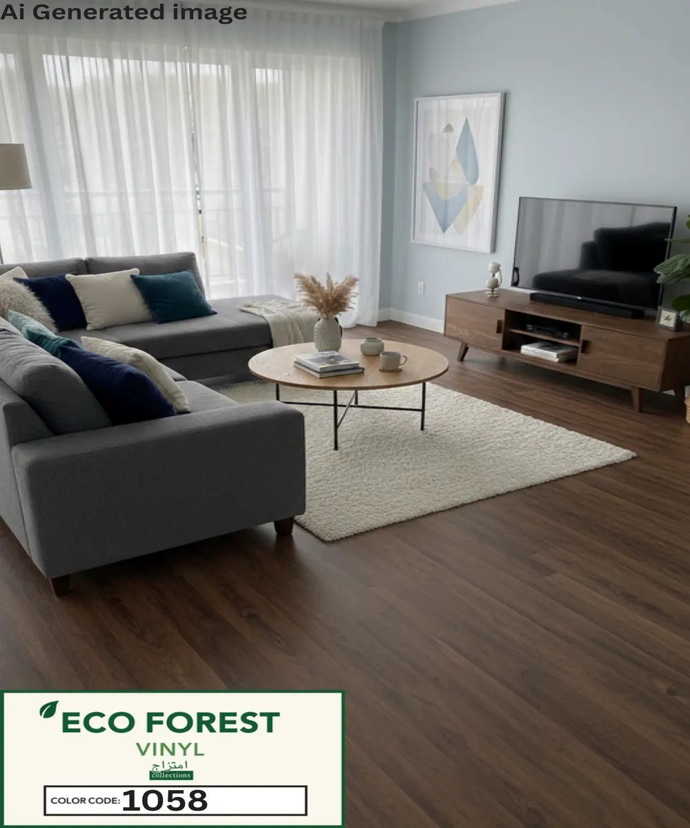 Eco Forest Collection dark roasted walnut wood grain luxury vinyl flooring plank color code 1058 by Araish Interior