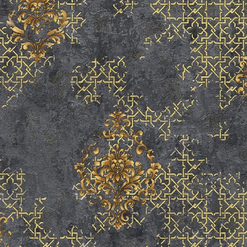 Charcoal Gold Royal Damask Wallpaper - 590508
