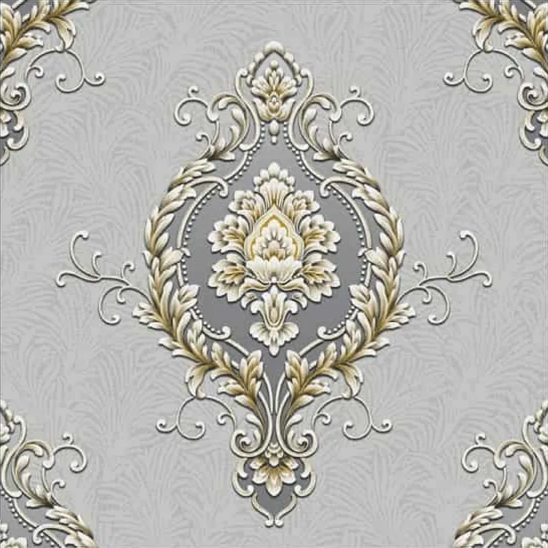 Grey Gold Textured Damask Wallpaper - 590703