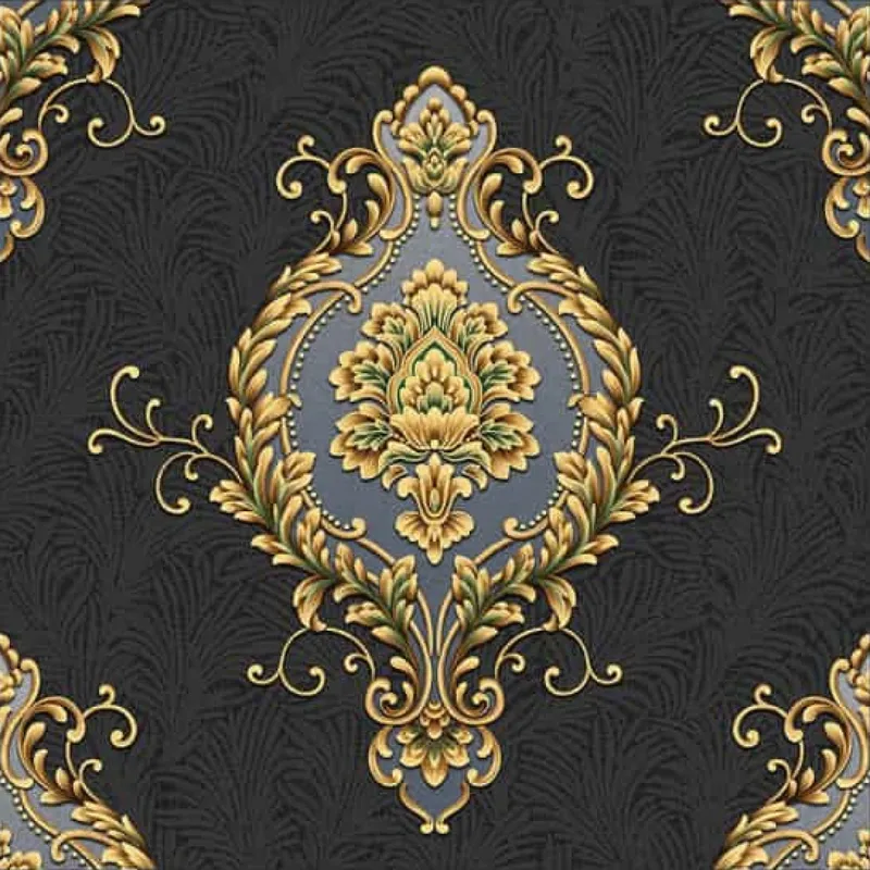 Charcoal Gold Royal Damask Wallpaper - 590707