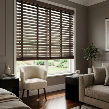 Shop WB 320 Smoked Ash Grey Wood Blinds. Up to 96" width. Premium imported custom-size wooden blinds for privacy and insulation. Min order 18 sq ft.