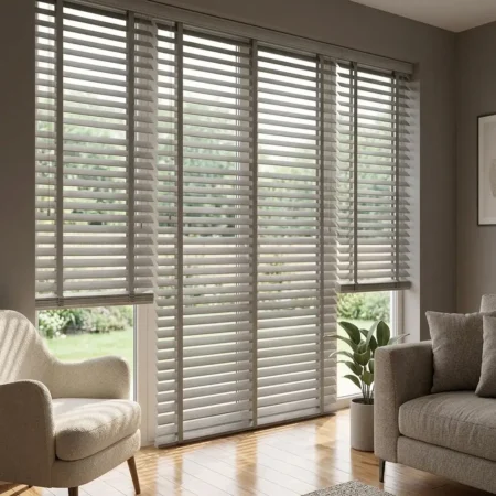 Weathered Driftwood Grey custom wooden blinds WB 321 slat texture swatch